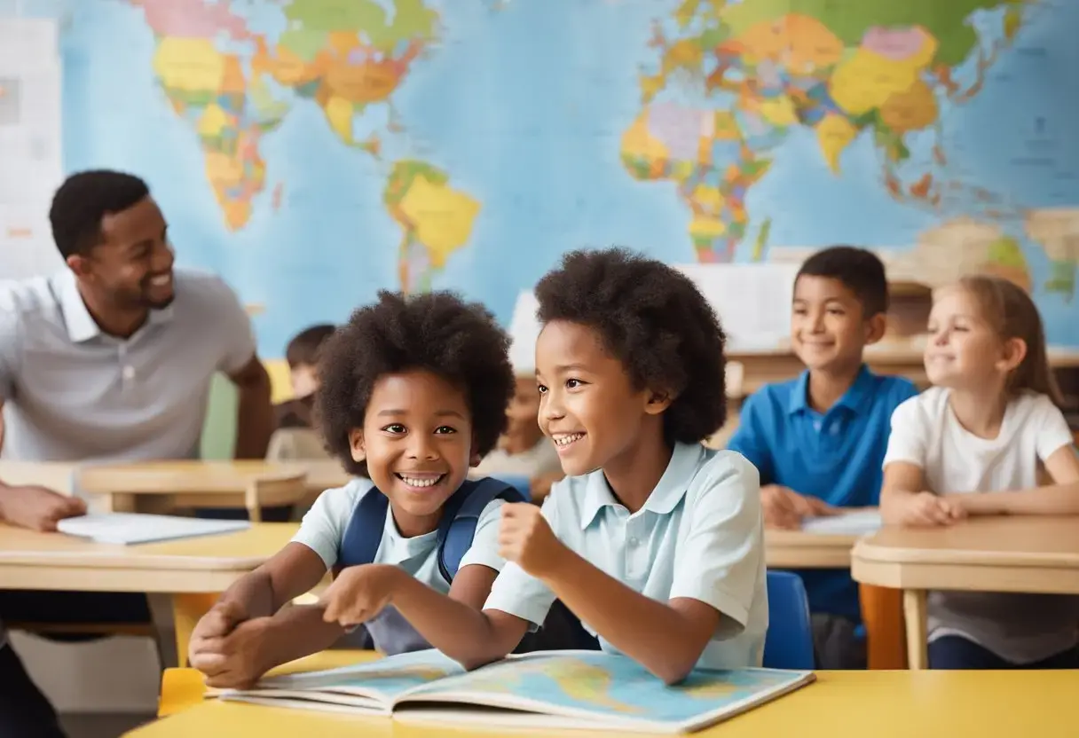 A colorful classroom with books, a globe, and educational posters. A parent is pointing at a map while their child looks on with curiosity