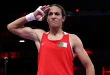 Imane Khelif celebrates victory against Anna Luca Hamori of Team Hungary at 2024 Olympics.